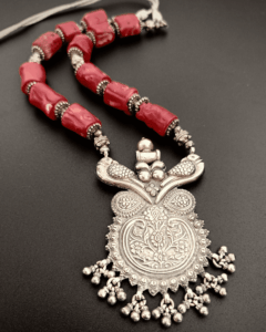 Scarlet Bloom Necklace - Bamboo Coral Stones with Hallmarked 92.5 Sterling Silver Pendant