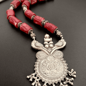 Scarlet Bloom Necklace - Bamboo Coral Stones with Hallmarked 92.5 Sterling Silver Pendant