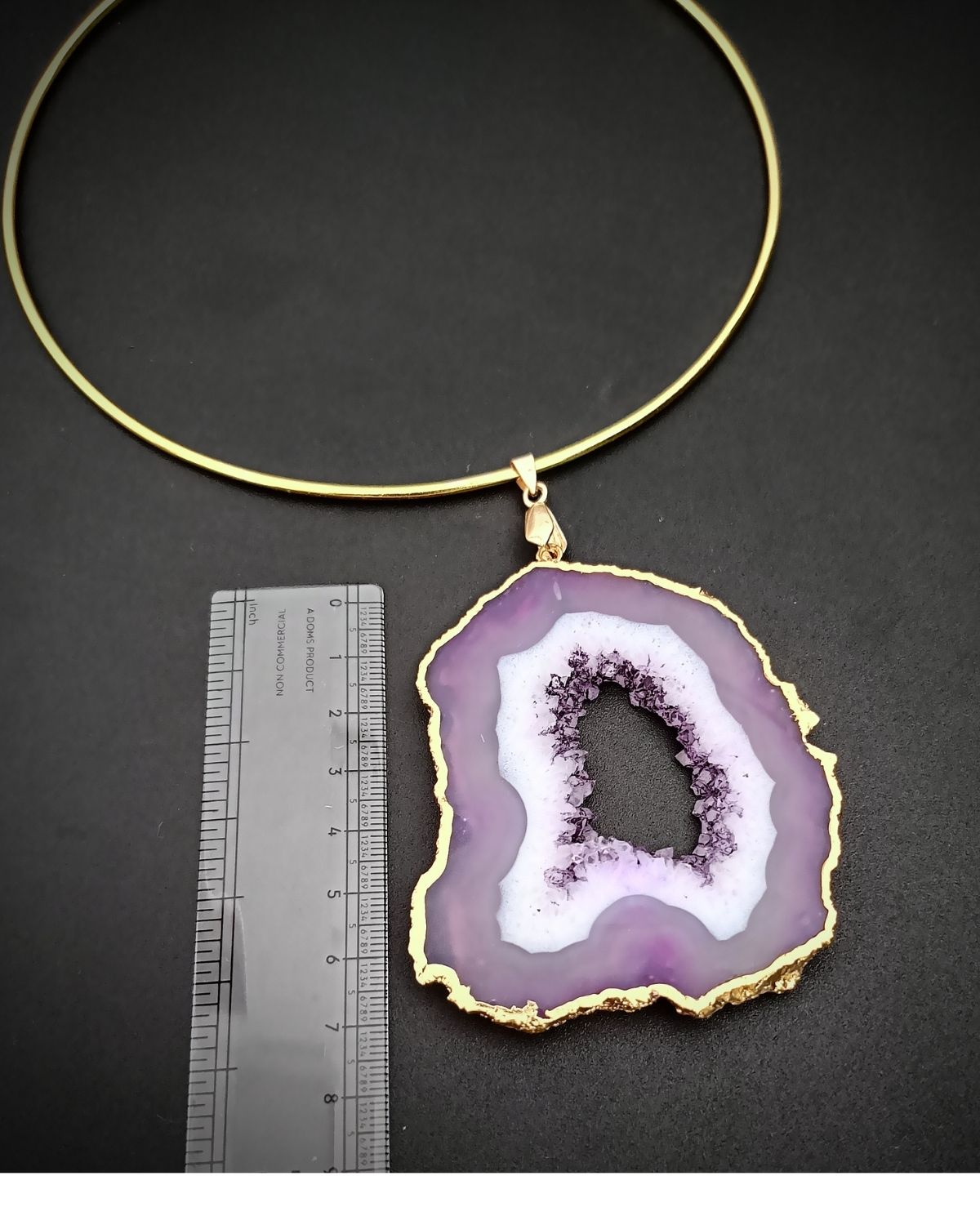 Raw Radiance Necklace- Lavender Agate Slice Stone & Brass Hasli - Image 4