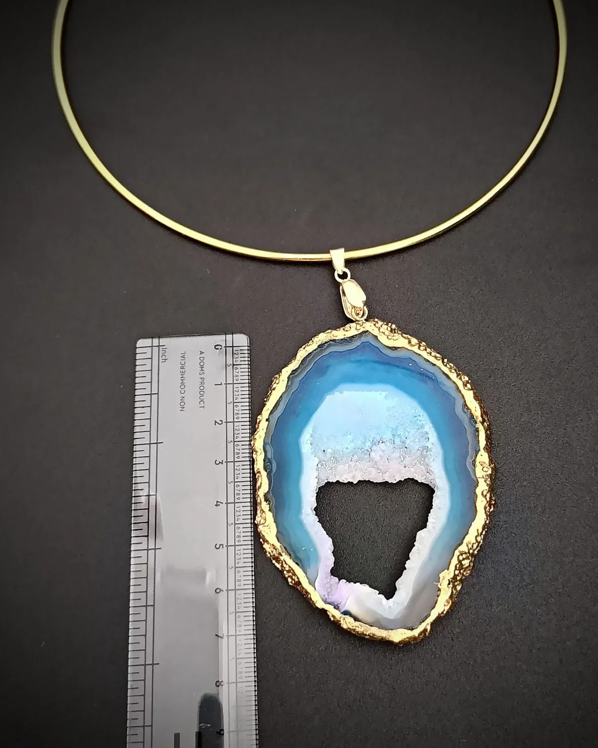 Raw Radiance Necklace- Aqua Agate Slice Stone & Brass Hasli - Image 5
