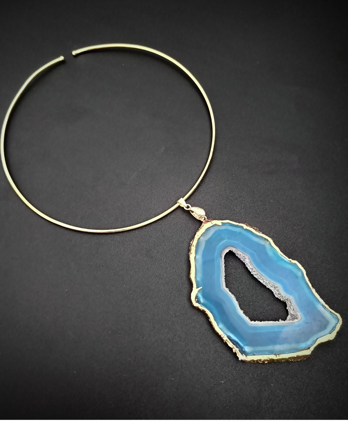 Raw Radiance Necklace- Royal Agate Slice Stone & Brass Hasli - Image 5