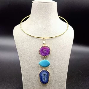 Wild Aura Necklace- Purple Agate Slice Stones & Brass Hasli (Copy)