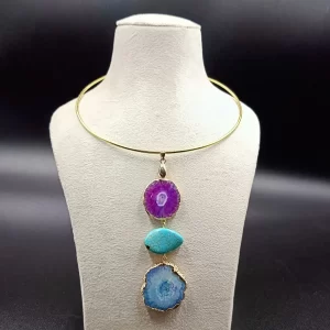 Wild Aura Necklace- Aqua Agate Slice Stones & Brass Hasli