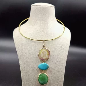 Wild Aura Necklace- White Agate Slice Stones & Brass Hasli