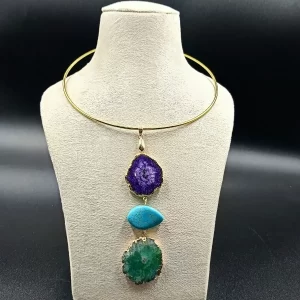 Wild Aura Necklace- Lavender Agate Slice Stones & Brass Hasli