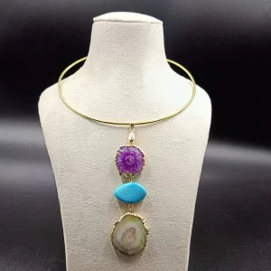 Wild Aura Necklace- Yellow Agate Slice Stones & Brass Hasli