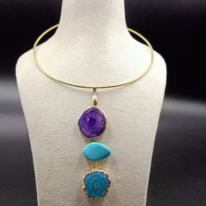 Wild Aura Necklace- Green Agate Slice Stones & Brass Hasli