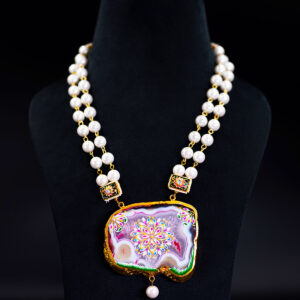 Golden Links Opera Necklace with Shell Pearls and Hand painted Agate Slice Pendant