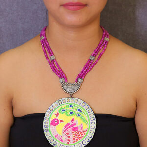 Mor Rang - Hand Painted Lippan Art Necklace with Jade Stones