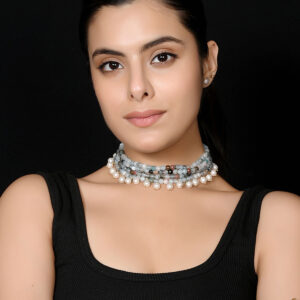 Blue Bloom Choker Necklace with Onyx Stones and Shell Pearls