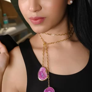 Golden Edge - Chain & Agate Slice Stones Multi-Style Necklace
