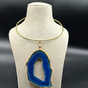 Raw Radiance Necklace- Royal Agate Slice Stone & Brass Hasli