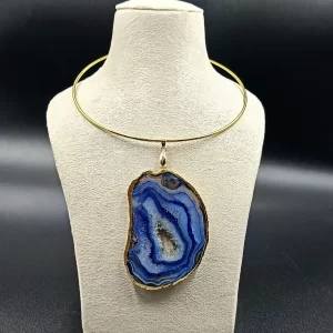 Raw Radiance Necklace- Indigo Agate Slice Stone & Brass Hasli