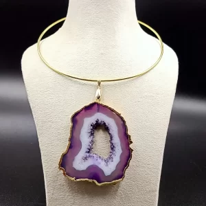 Raw Radiance Necklace- Lavender Agate Slice Stone & Brass Hasli