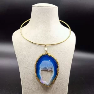 Raw Radiance Necklace- Aqua Agate Slice Stone & Brass Hasli
