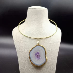 Raw Radiance Necklace- Lilac Agate Slice Stone & Brass Hasli