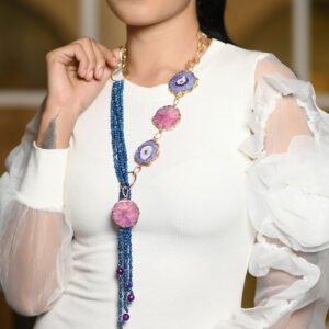 Stone Symphony Magenta and Blue color Rope Necklace with Agate Slice and Onyx Stones