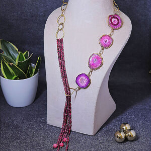 Stone Symphony - Magenta Agate Slice and Onyx Stones Necklace