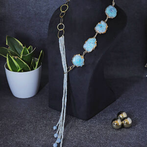 Stone Symphony - Aquamarine Agate Slice and Onyx Stones Necklace